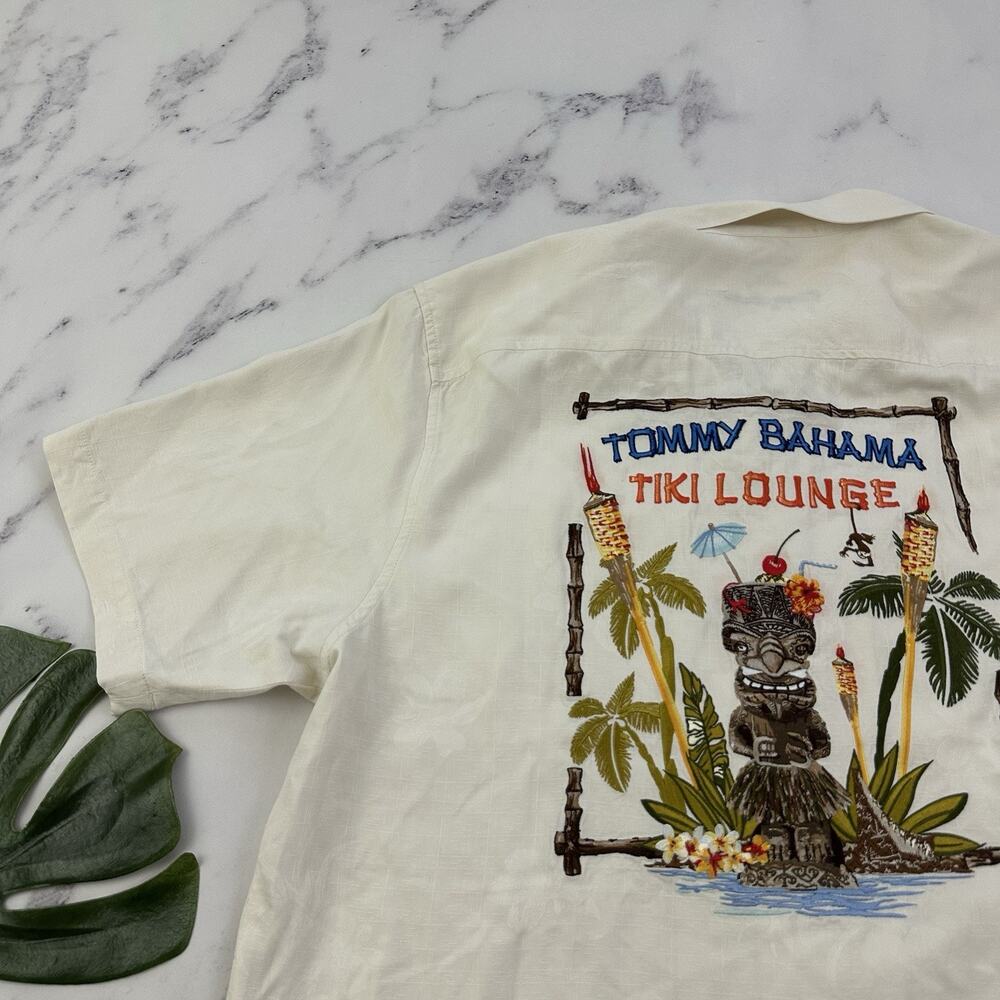 Tommy Bahama Tiki Lounge Embroidered Hawaiian Shirt Size L Cream Silk Tropical - Picture 12 of 13